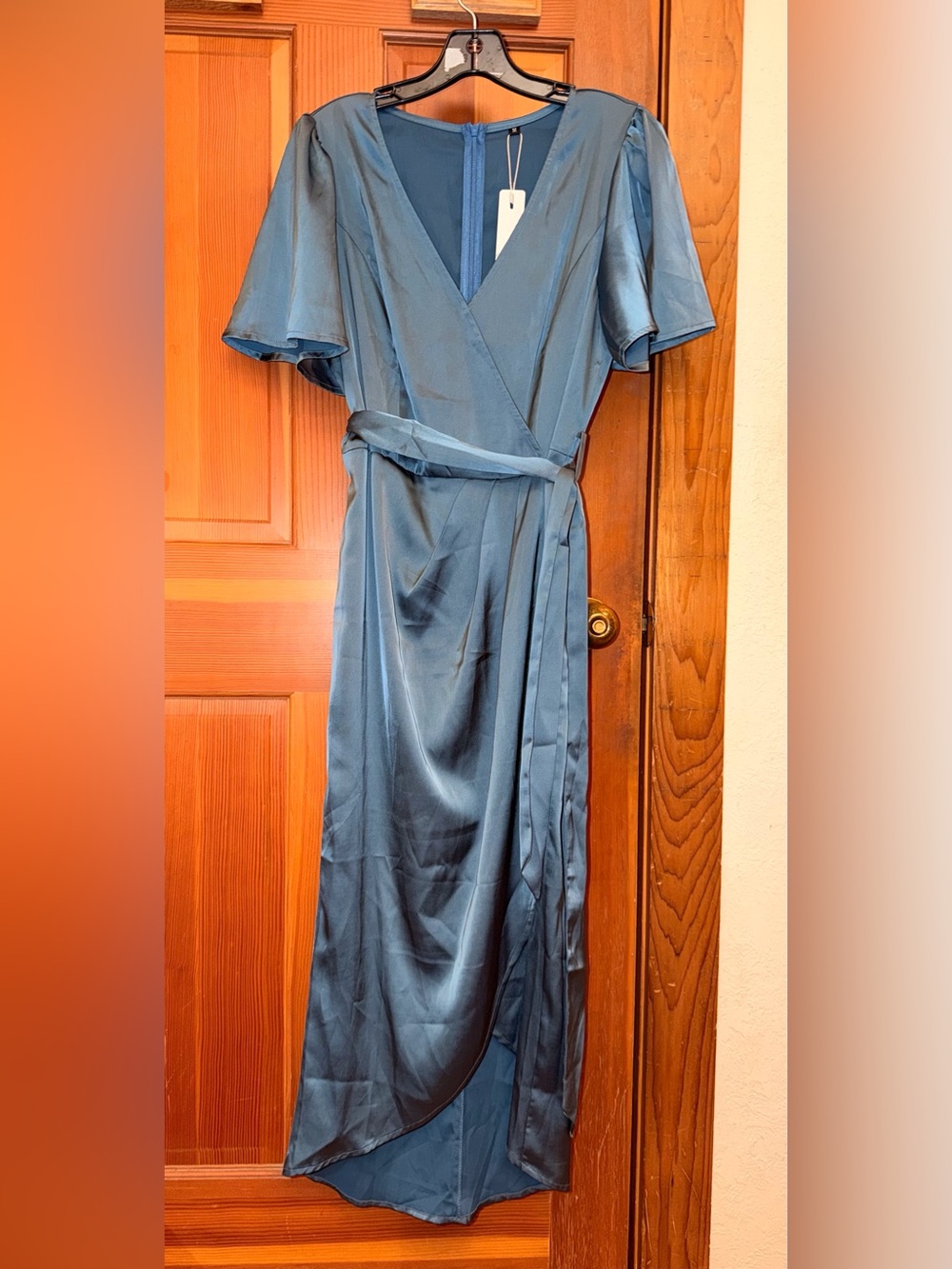 Blue Satin Wrap Dress - Elegant Women's Dress